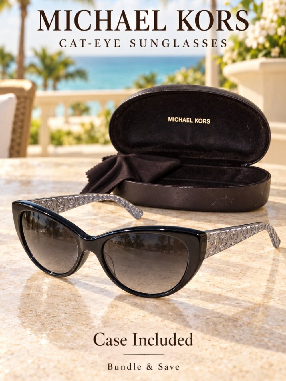 Michael Kors Black Cat-Eye Sunglasses Silver MK Monogram Arms with Case